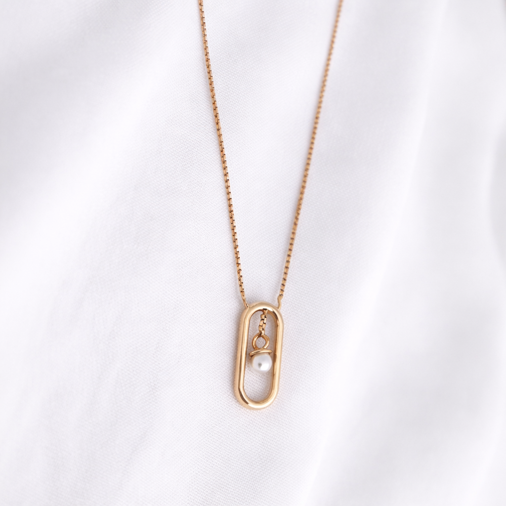 Namivaa 18K Rose Gold Plated Floating Pearl Pendant Necklace – Minimalist Oval Frame Box Chain Jewelry for Women