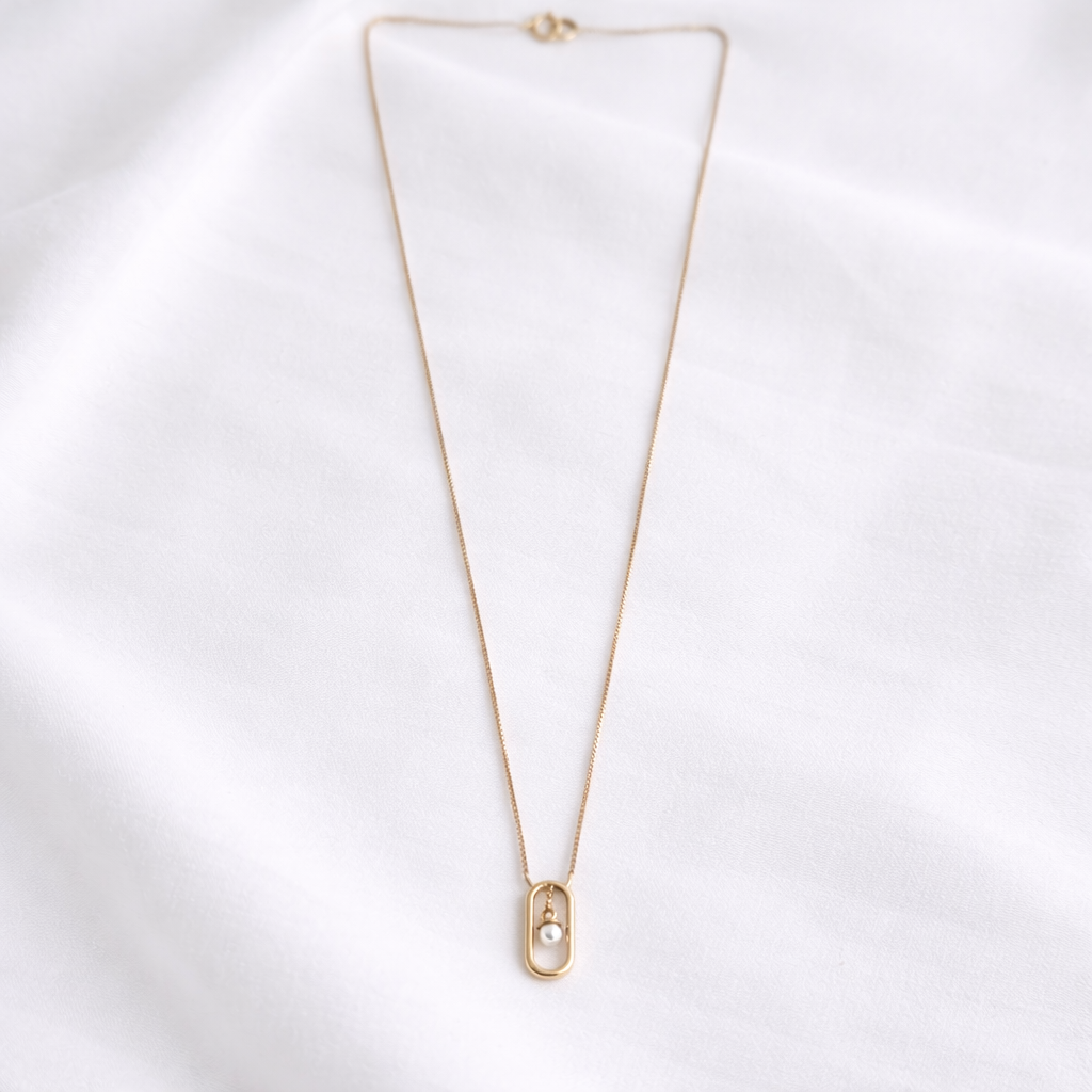 Namivaa 18K Rose Gold Plated Floating Pearl Pendant Necklace – Minimalist Oval Frame Box Chain Jewelry for Women