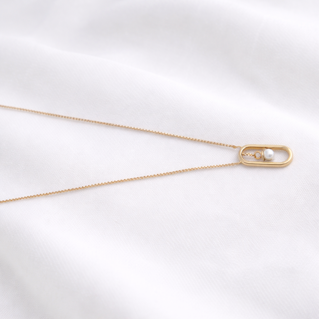 Namivaa 18K Rose Gold Plated Floating Pearl Pendant Necklace – Minimalist Oval Frame Box Chain Jewelry for Women