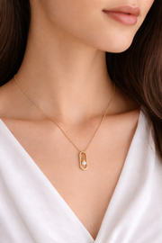 Namivaa 18K Rose Gold Plated Floating Pearl Pendant Necklace – Minimalist Oval Frame Box Chain Jewelry for Women