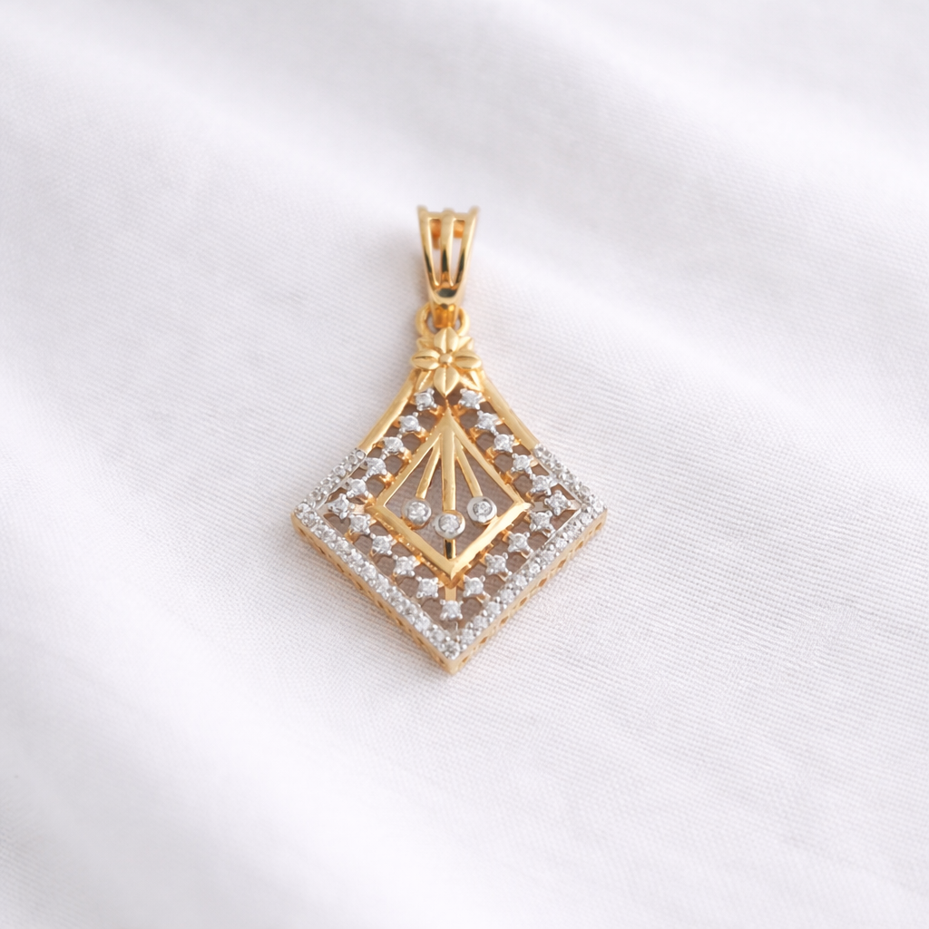 Namivaa 18K Rose Gold Plated Imperial Radiance Pendant Set – Elegant Rhombus Diamond-Studded Pendant and Matching Earrings for Women