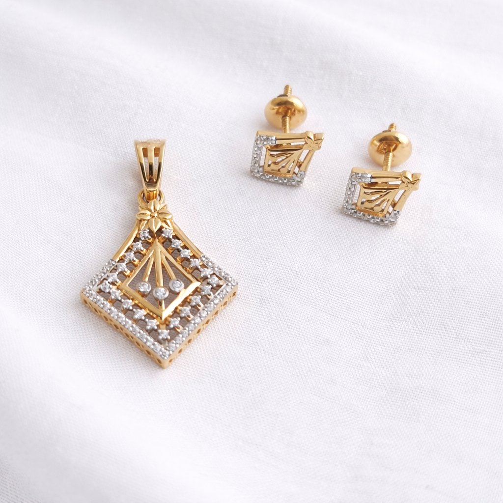 Namivaa 18K Rose Gold Plated Imperial Radiance Pendant Set – Elegant Rhombus Diamond-Studded Pendant and Matching Earrings for Women