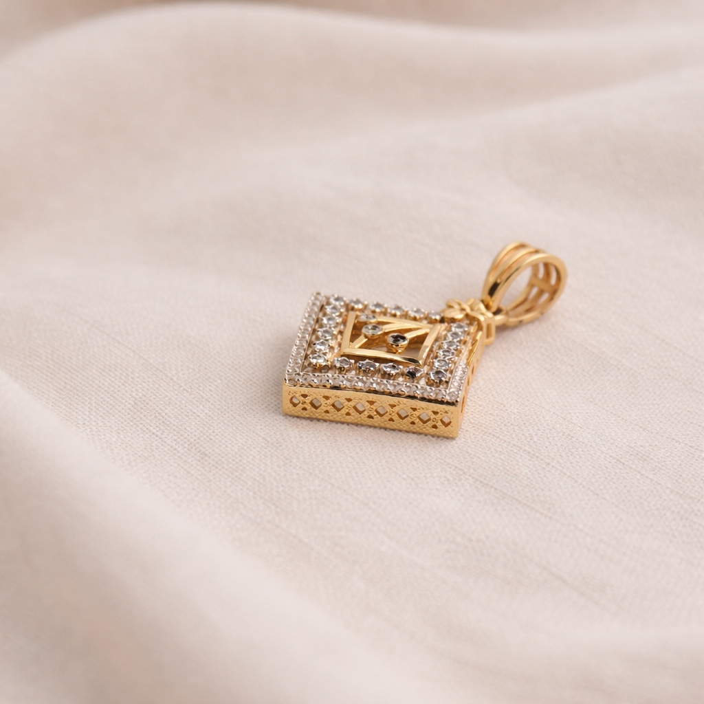 Namivaa 18K Rose Gold Plated Imperial Radiance Pendant Set – Elegant Rhombus Diamond-Studded Pendant and Matching Earrings for Women