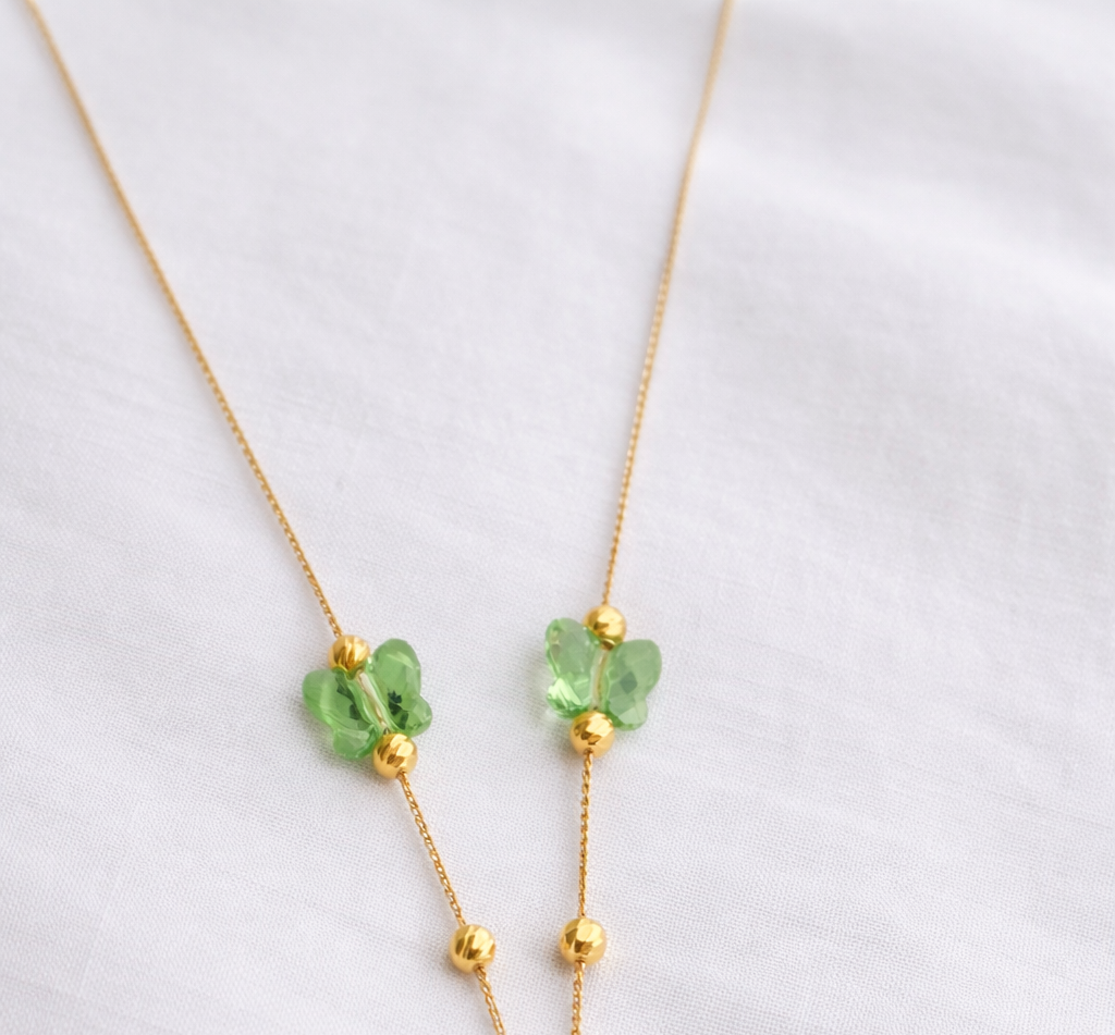 Namivaa 18K Rose Gold Plated Italian Butterfly Lariat – Elegant Emerald-Green Crystal Drop Necklace for Women
