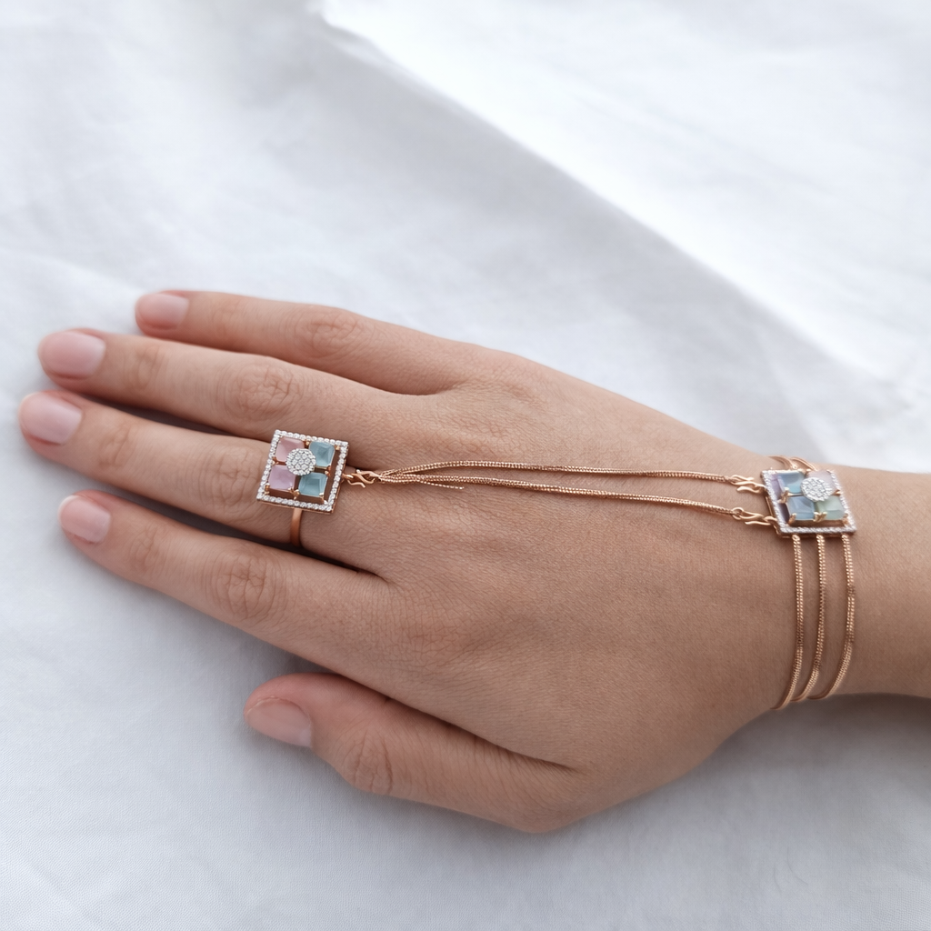 Namivaa 18K Rose Gold Plated Pastel Mosaic Hand Phool – Elegant Bracelet with Attached Ring & Zirconia Accents