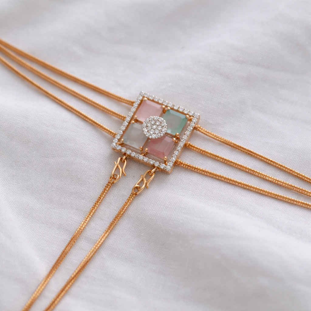 Namivaa 18K Rose Gold Plated Pastel Mosaic Hand Phool – Elegant Bracelet with Attached Ring & Zirconia Accents