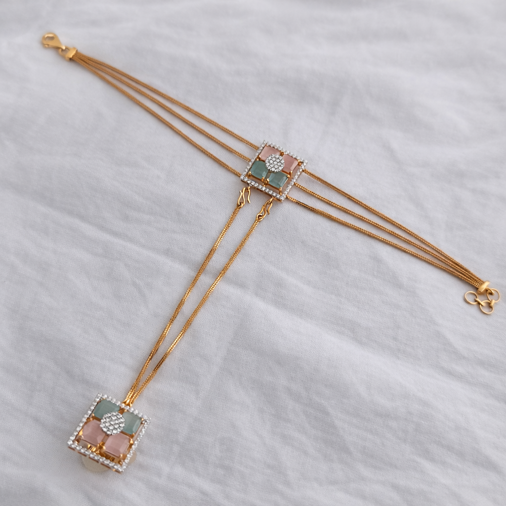 Namivaa 18K Rose Gold Plated Pastel Mosaic Hand Phool – Elegant Bracelet with Attached Ring & Zirconia Accents
