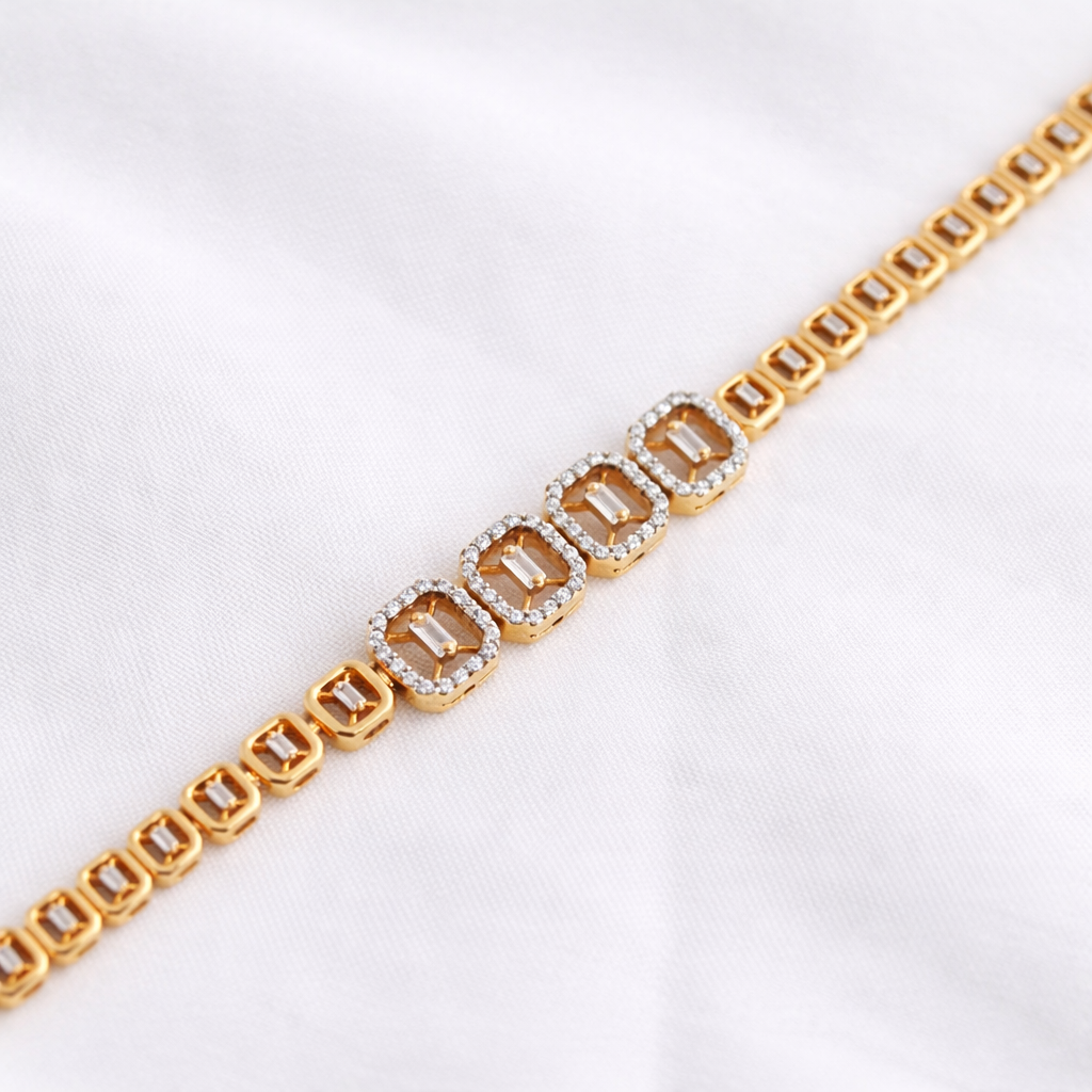 Namivaa 18K Rose Gold Plated Radiant Halo Bracelet – Elegant Baguette & Round Zirconia Link Jewelry for Women