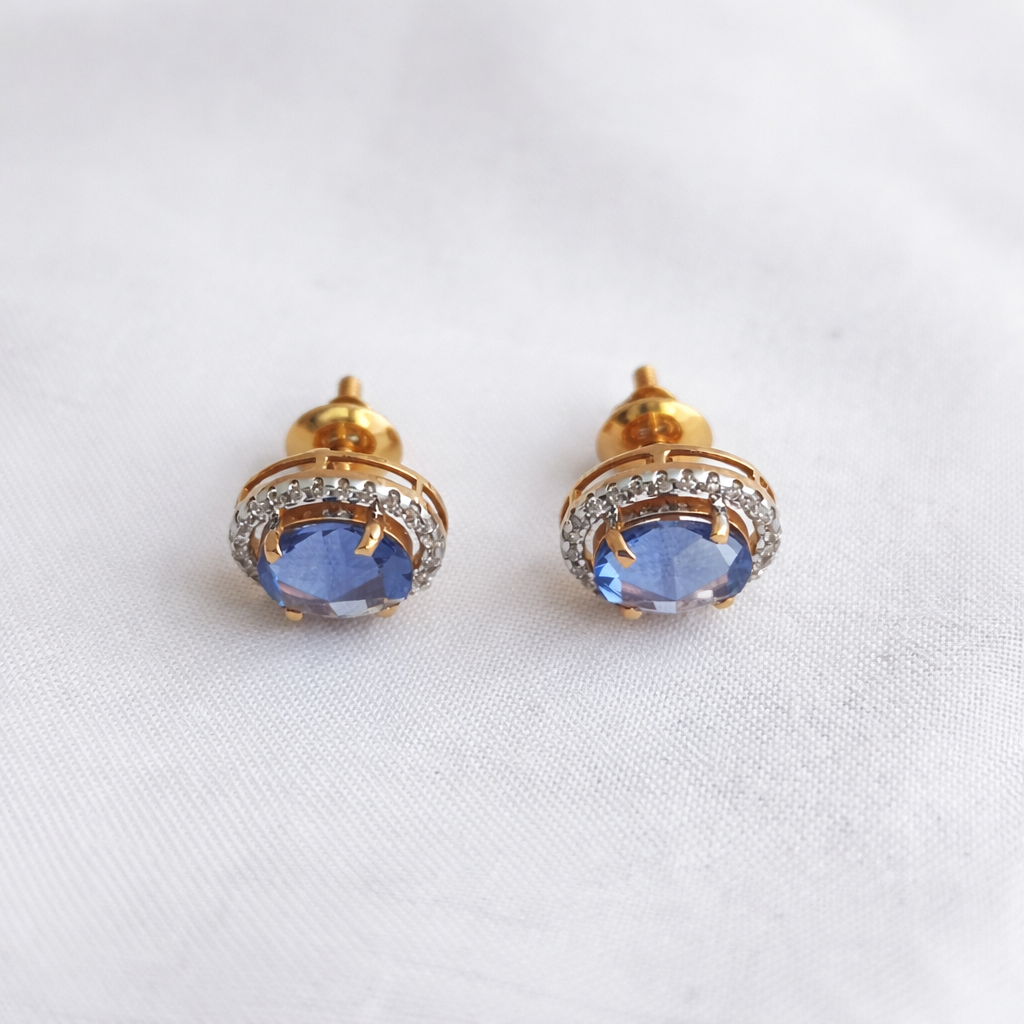 Namivaa 18K Rose Gold Plated Sapphire Blue Halo Stud Earrings – Elegant Oval Zirconia Earrings for Women