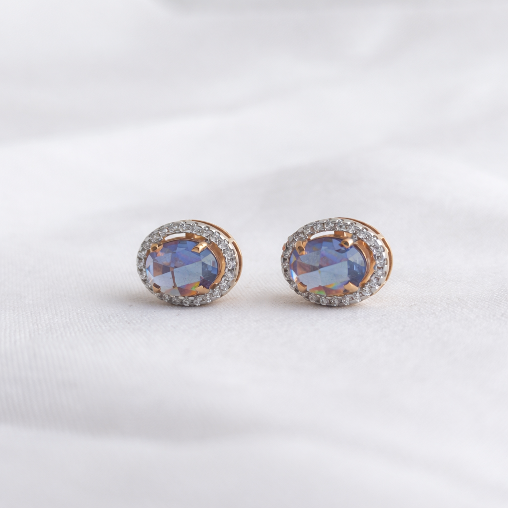 Namivaa 18K Rose Gold Plated Sapphire Blue Halo Stud Earrings – Elegant Oval Zirconia Earrings for Women
