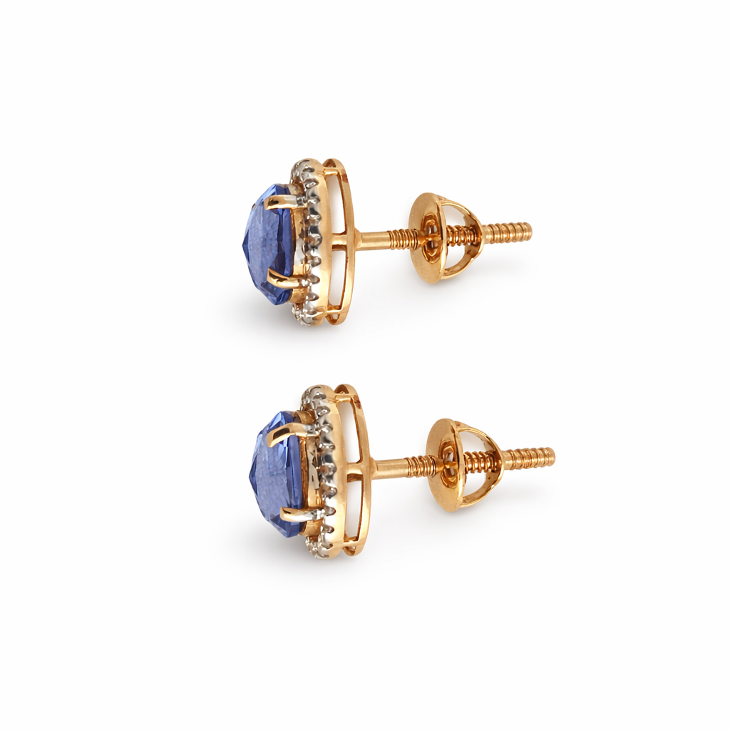 Namivaa 18K Rose Gold Plated Sapphire Blue Halo Stud Earrings – Elegant Oval Zirconia Earrings for Women