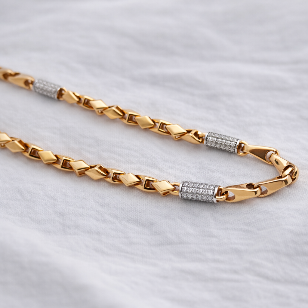 Namivaa 18K Rose Gold Plated Titan Gents Chain – Two-Tone Bullet Link Necklace with Rhodium Studded Accents