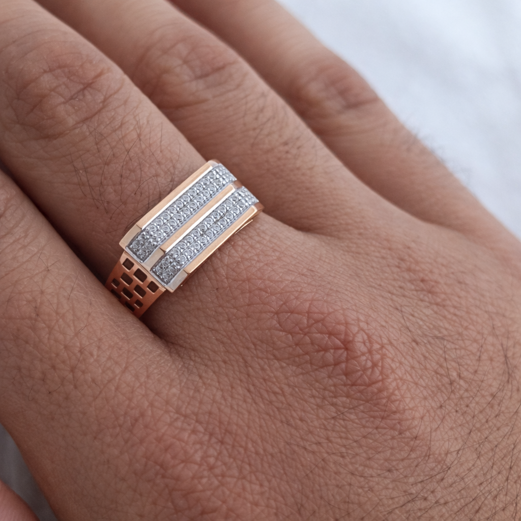 Namivaa 18K Rose Gold Plated Zenith Gents Ring – Architectural Rectangular Band with Dual Zirconia Pavé Rows