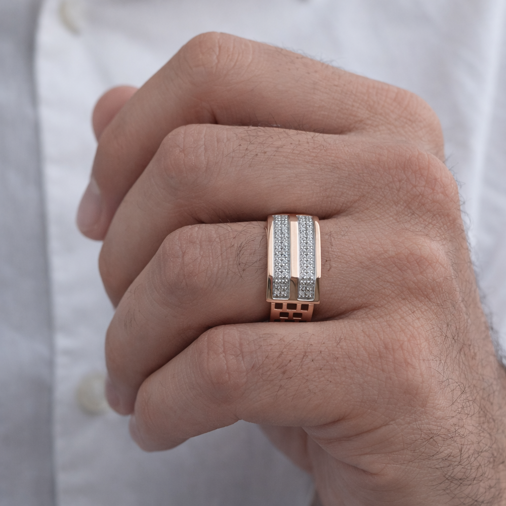 Namivaa 18K Rose Gold Plated Zenith Gents Ring – Architectural Rectangular Band with Dual Zirconia Pavé Rows