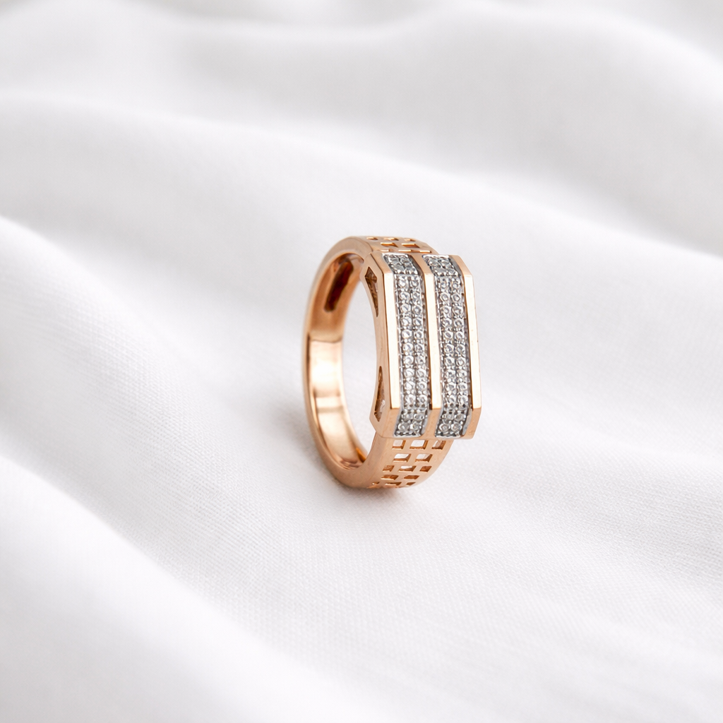 Namivaa 18K Rose Gold Plated Zenith Gents Ring – Architectural Rectangular Band with Dual Zirconia Pavé Rows