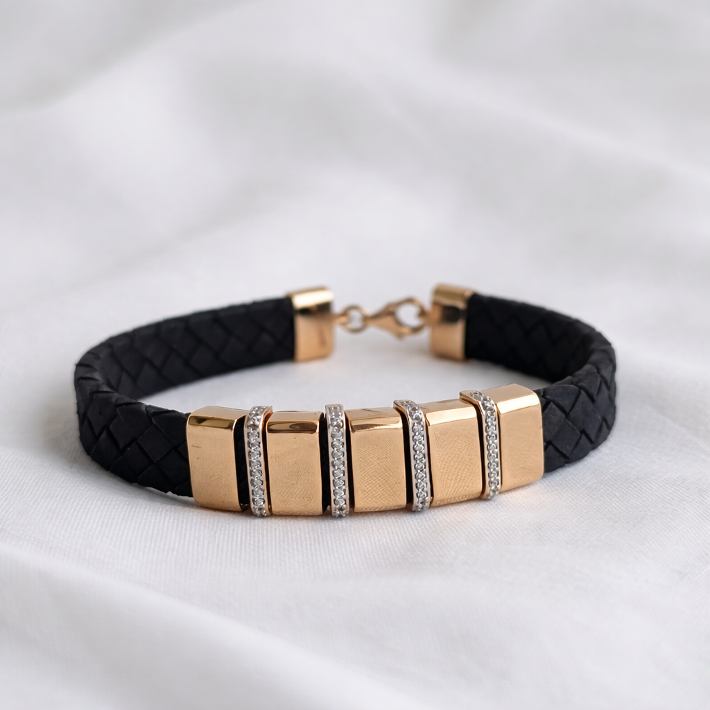 Namivaa Men’s Braided Black Leather Bracelet with 18K Rose Gold - Plated Bar Accents and Zirconia Spacers