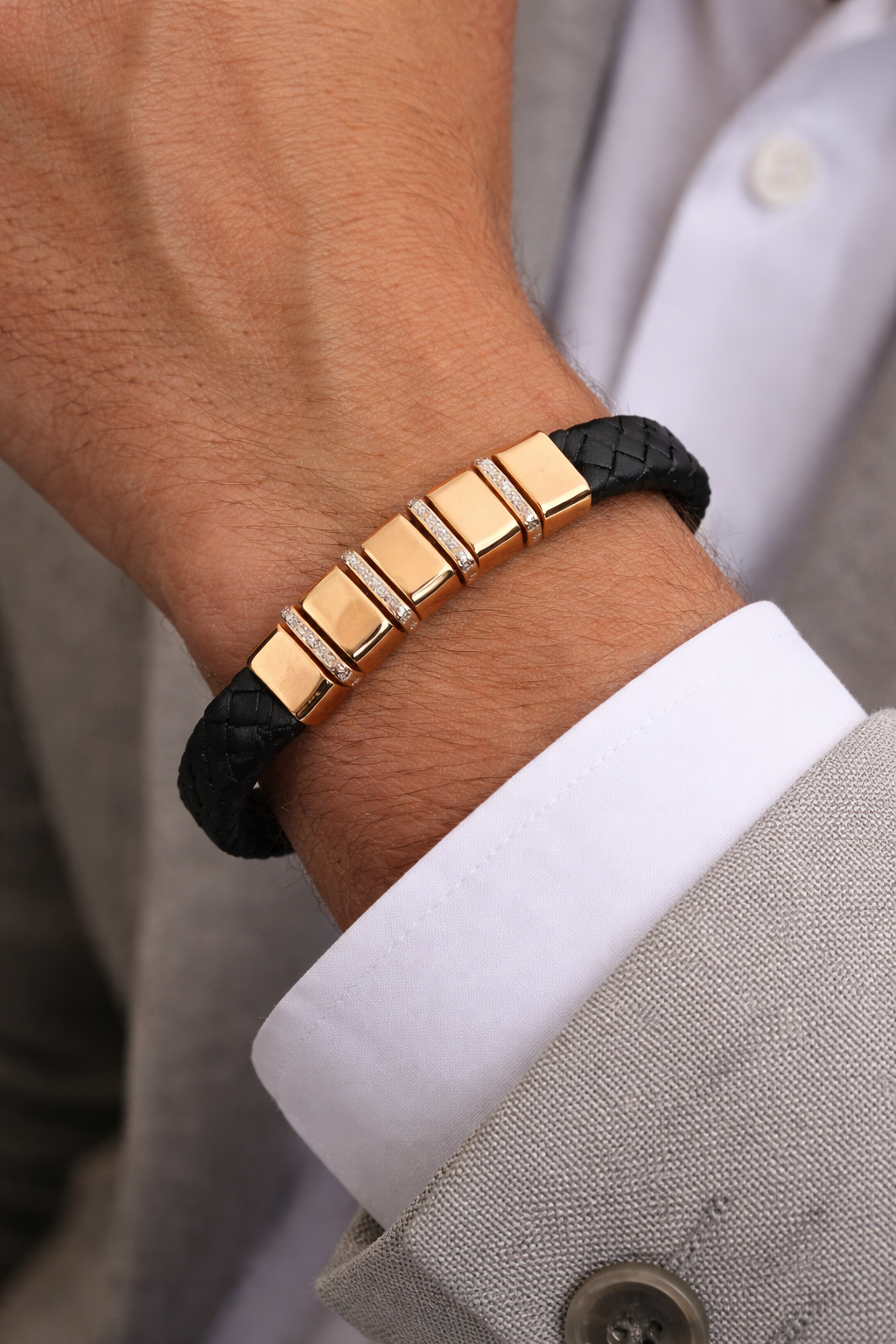 Namivaa Men’s Braided Black Leather Bracelet with 18K Rose Gold - Plated Bar Accents and Zirconia Spacers