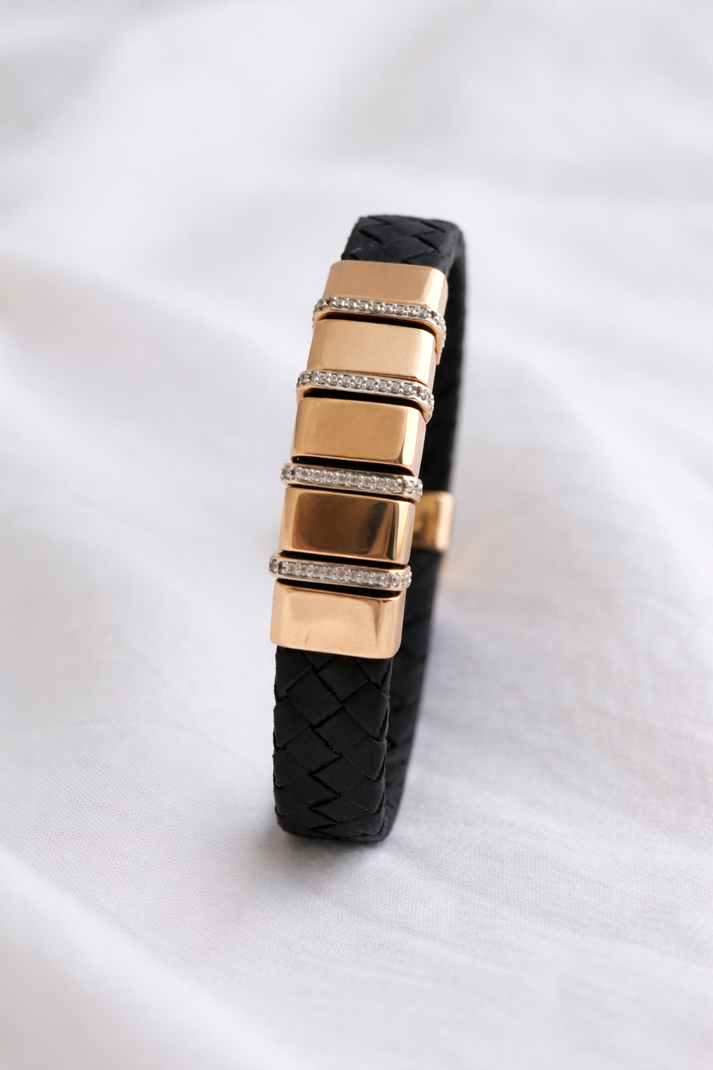 Namivaa Men’s Braided Black Leather Bracelet with 18K Rose Gold - Plated Bar Accents and Zirconia Spacers