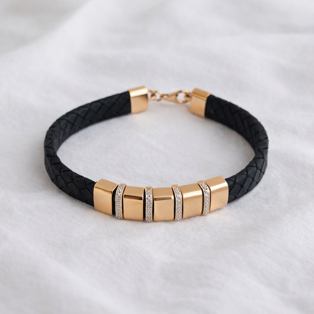 Namivaa Men’s Braided Black Leather Bracelet with 18K Rose Gold - Plated Bar Accents and Zirconia Spacers