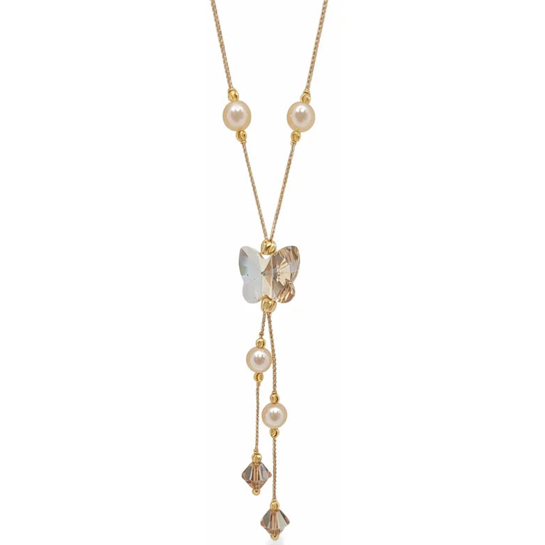 Sophisticated 18K Rose Gold Butterfly Y Necklace Faux Pearl Crystal Accents Trendy Charm Pendant Women's Elegant Jewelry