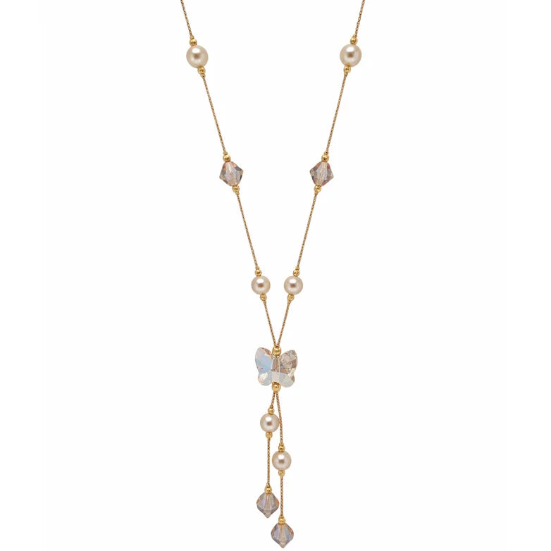 Sophisticated 18K Rose Gold Butterfly Y Necklace Faux Pearl Crystal Accents Trendy Charm Pendant Women's Elegant Jewelry