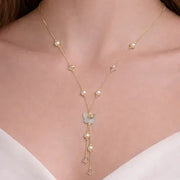 Sophisticated 18K Rose Gold Butterfly Y Necklace Faux Pearl Crystal Accents Trendy Charm Pendant Women's Elegant Jewelry