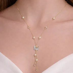 Sophisticated 18K Rose Gold Butterfly Y Necklace Faux Pearl Crystal Accents Trendy Charm Pendant Women's Elegant Jewelry