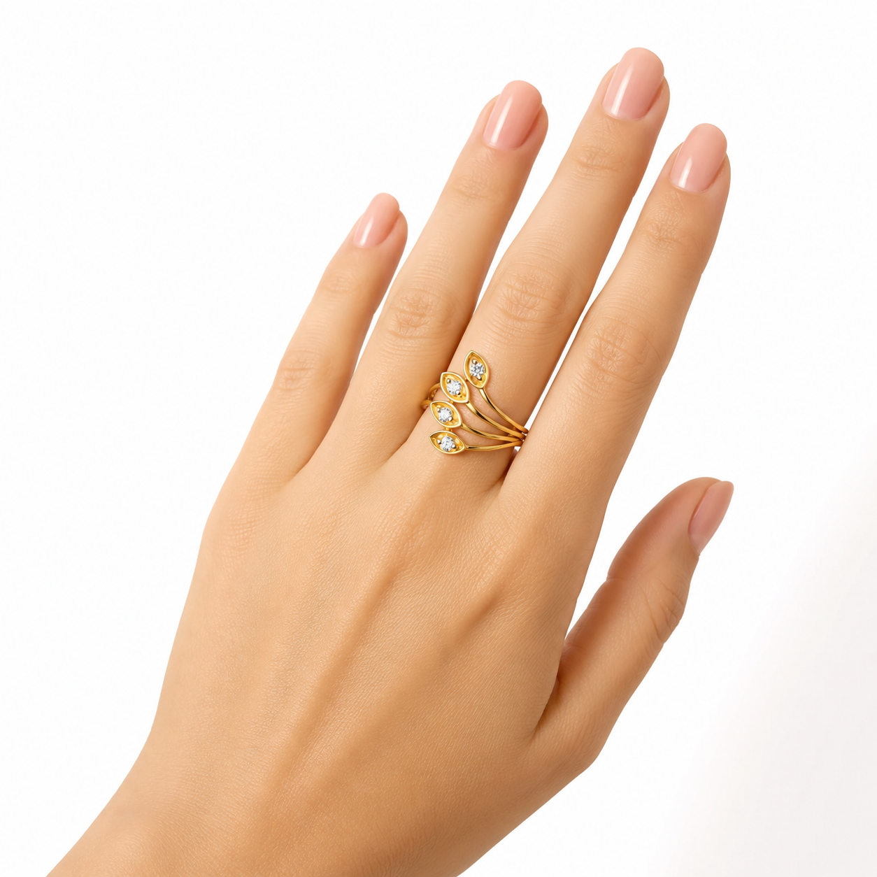 18ct Gold Marquise Cut Cubic Zirconia Gemstone Rings Multi Layer Leaf Design for Women Elegant Fashion Wedding Engagement Party