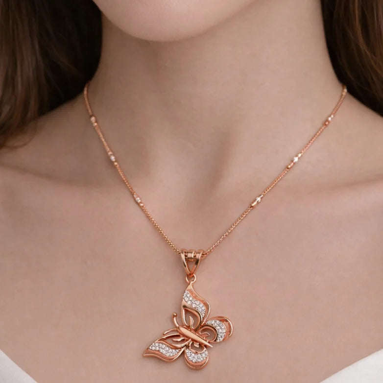Elegant 18K Rose Gold Luxury Butterfly Pendant Necklace Brilliant White Cut Accents Women Sophisticated Jewelry Gift