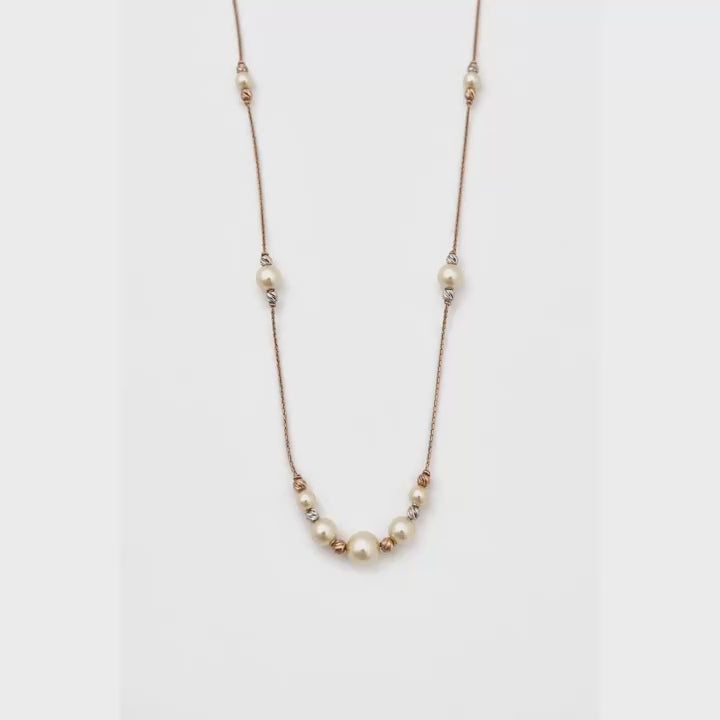 Load video: Elegant 18K Rose Gold Pearl Statement Drop Necklace Women Long Chain Cream Pearl Accents Sophisticated Jewelry Gift